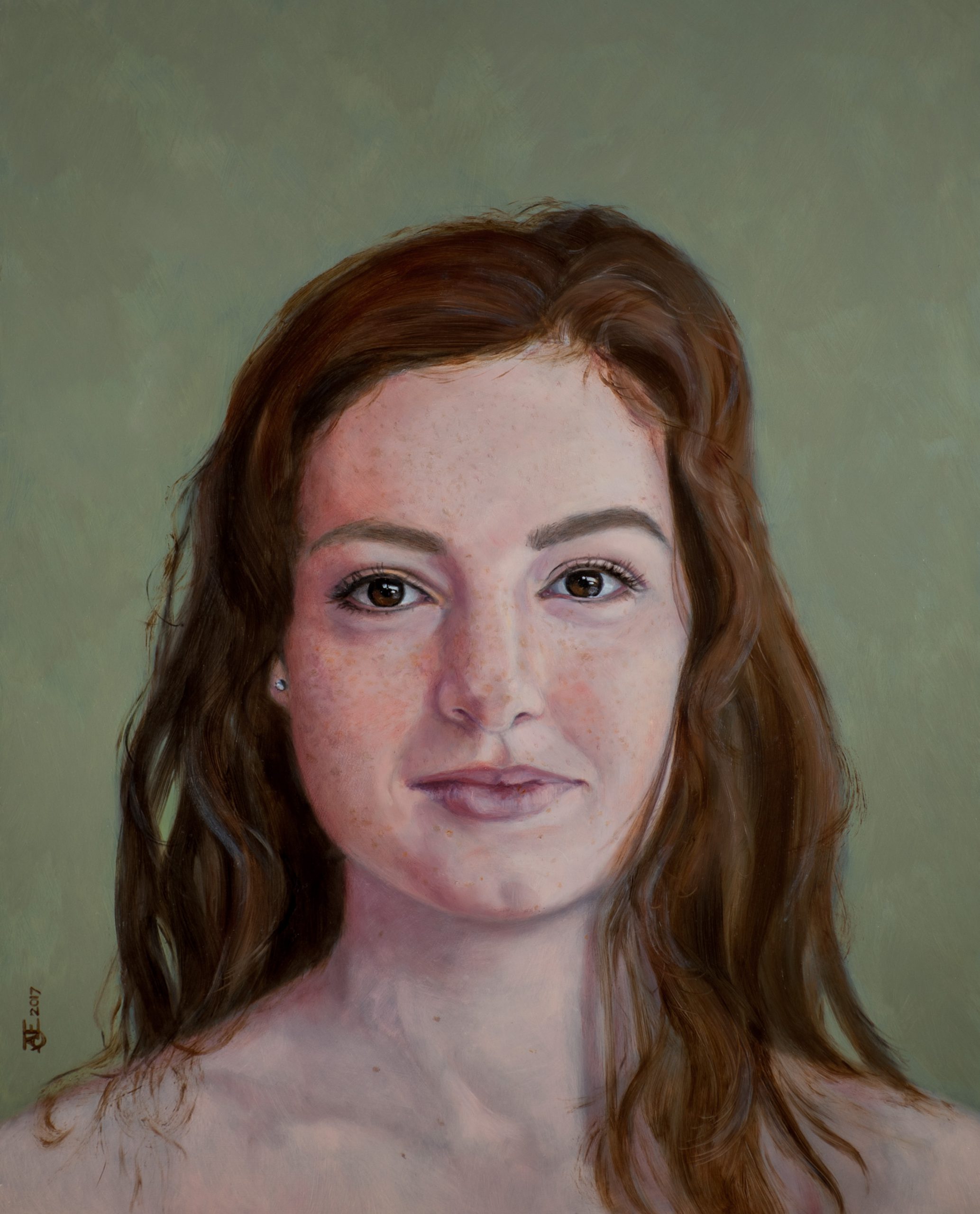 Een olieverfportret op een paneel van 40 x 50 cm, in opdracht geschilderd, toont een jonge vrouw met donkerbruin haar genaamd Margot tegen een lichtgroene achtergrond. Dit kunstwerk is in 2017 geschilderd door portretschilder Anneke Ensing.