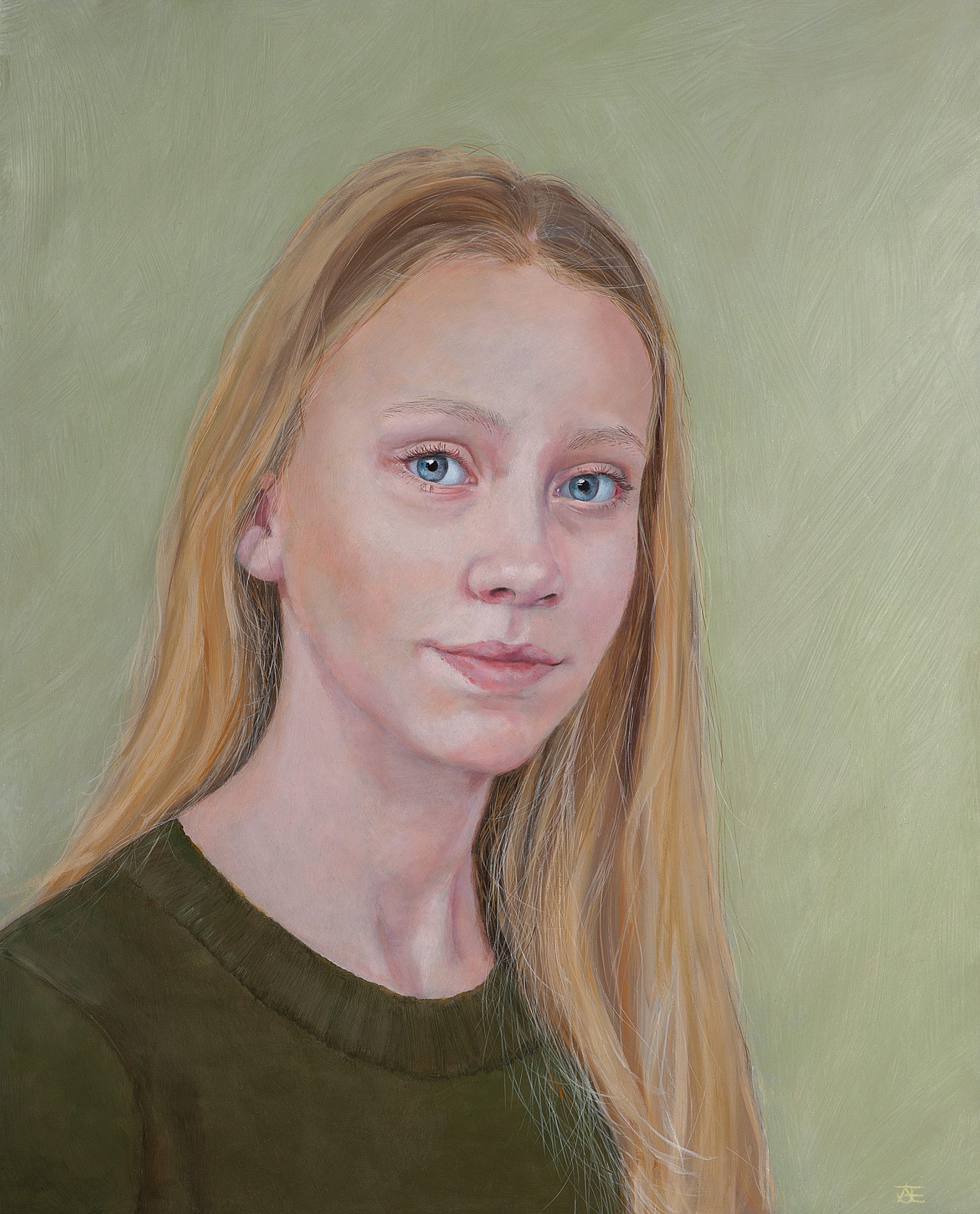 Een olieverfportret op een paneel van 40 x 50 cm, in opdracht geschilderd, toont een meisje met lang, blond haar genaamd Meyke tegen een lichtgroene achtergrond. Dit kunstwerk is in 2020 geschilderd door portretschilder Anneke Ensing.